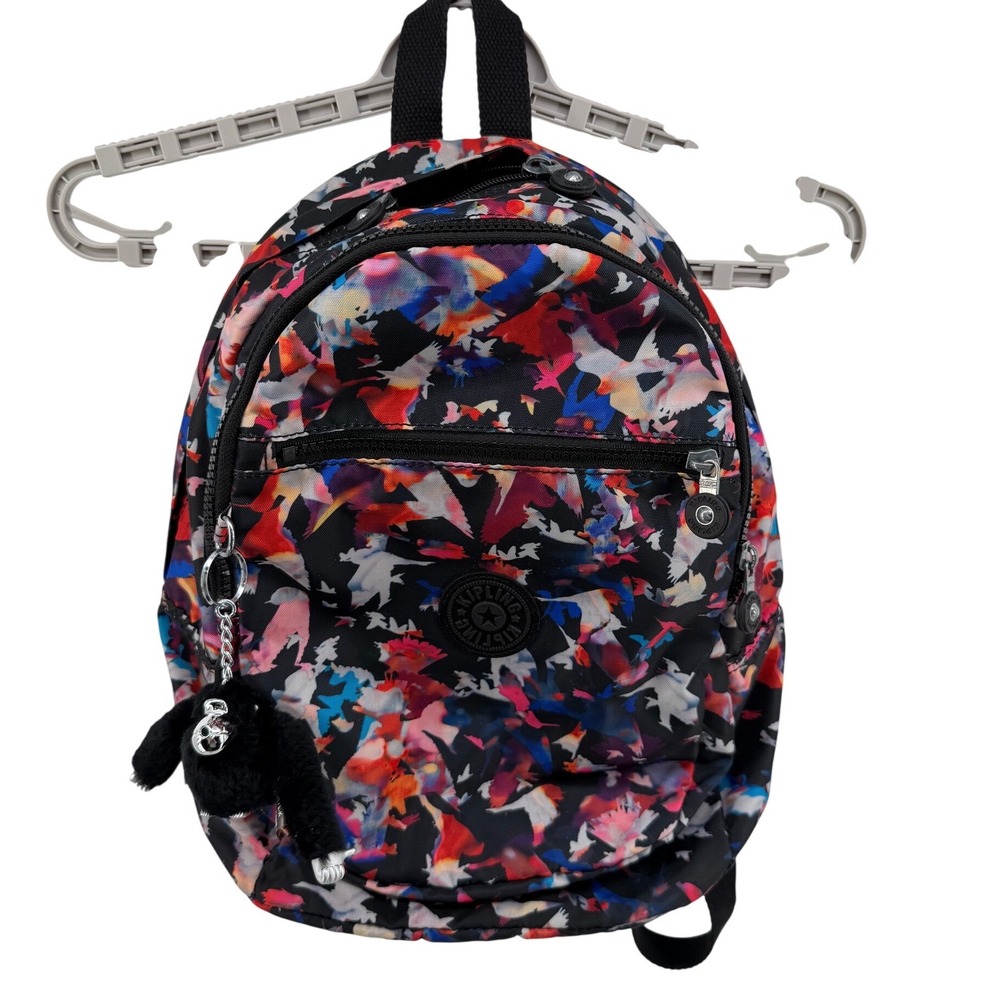 Kipling Seoul Small Backpack Black Multicolor Hummingbird Print Monkey Keychain